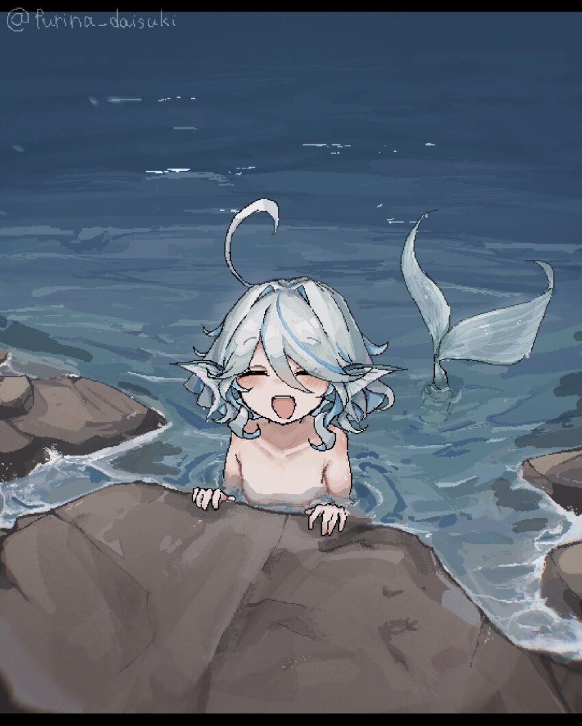 1girl, ahoge, blue_hair, blush, closed_eyes, commentary_request, facing_viewer, fins, flat_chest, furina_(genshin_impact), furina_daisuki, genshin_impact, hair_between_eyes, head_fins, highres, mermaid, monster_girl, monsterification, nude, open_mouth, partially_submerged, rock, solo, twitter_username, water, white_hair