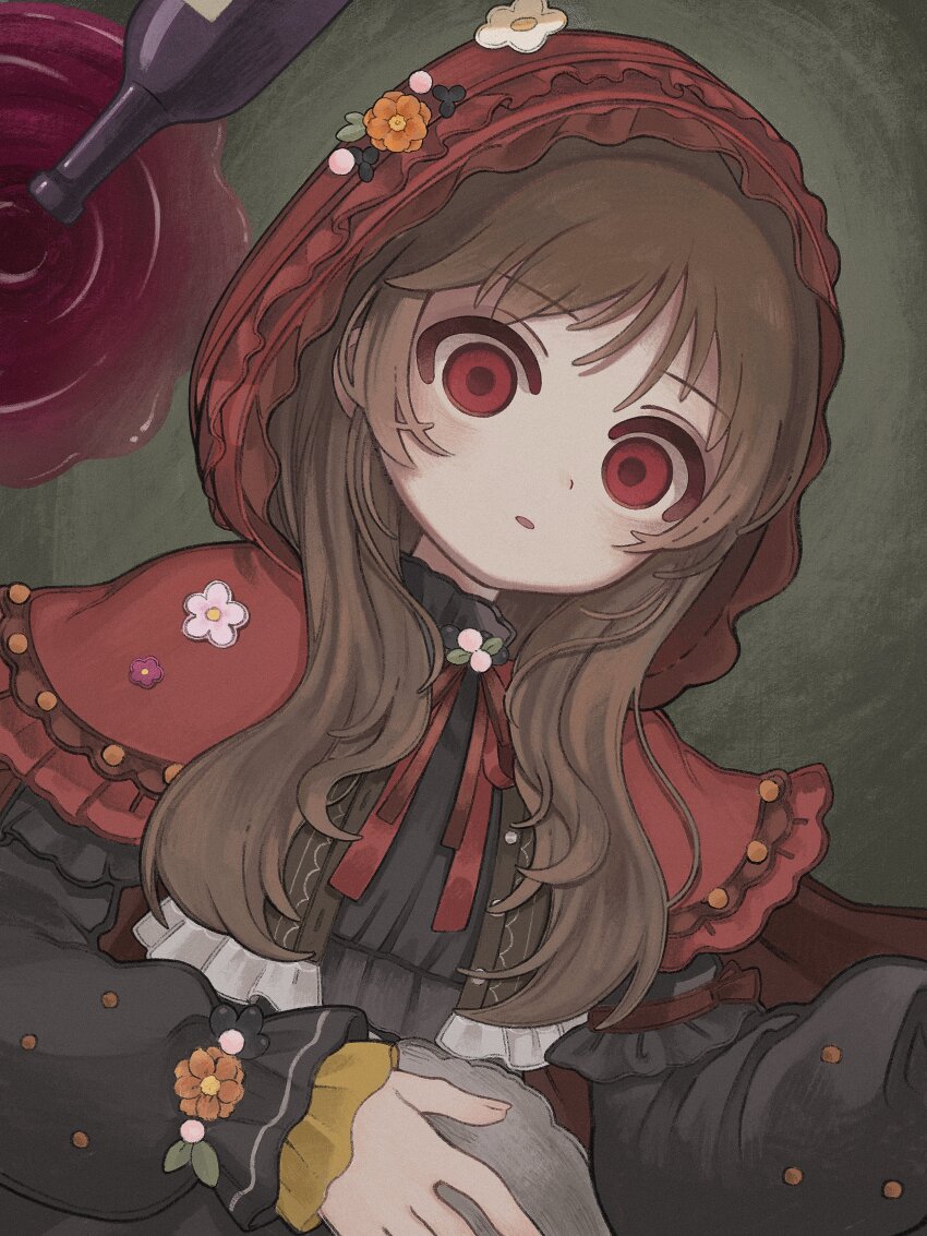 1girl, absurdres, alcohol, black_dress, bottle, bracelet, brown_hair, cape