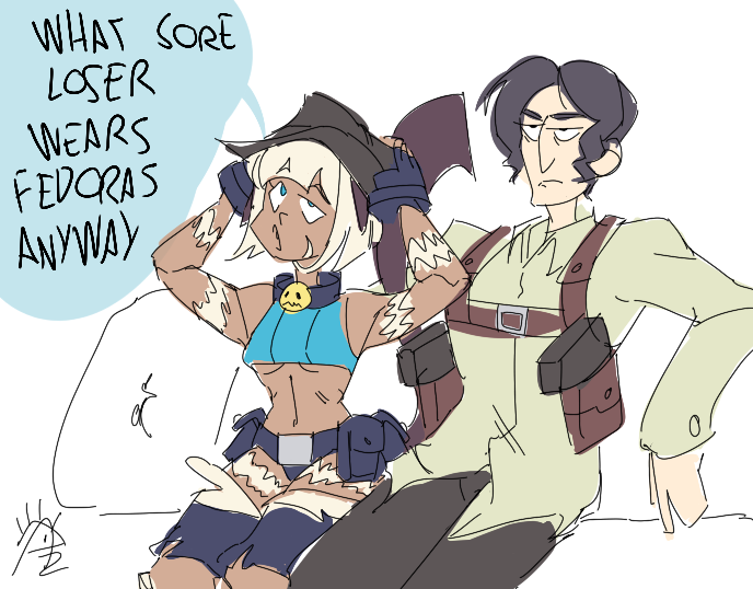 couch, fedora, hat, holster, irvin_(skullgirls), magnagallina, ms._fortune_(skullgirls), scar