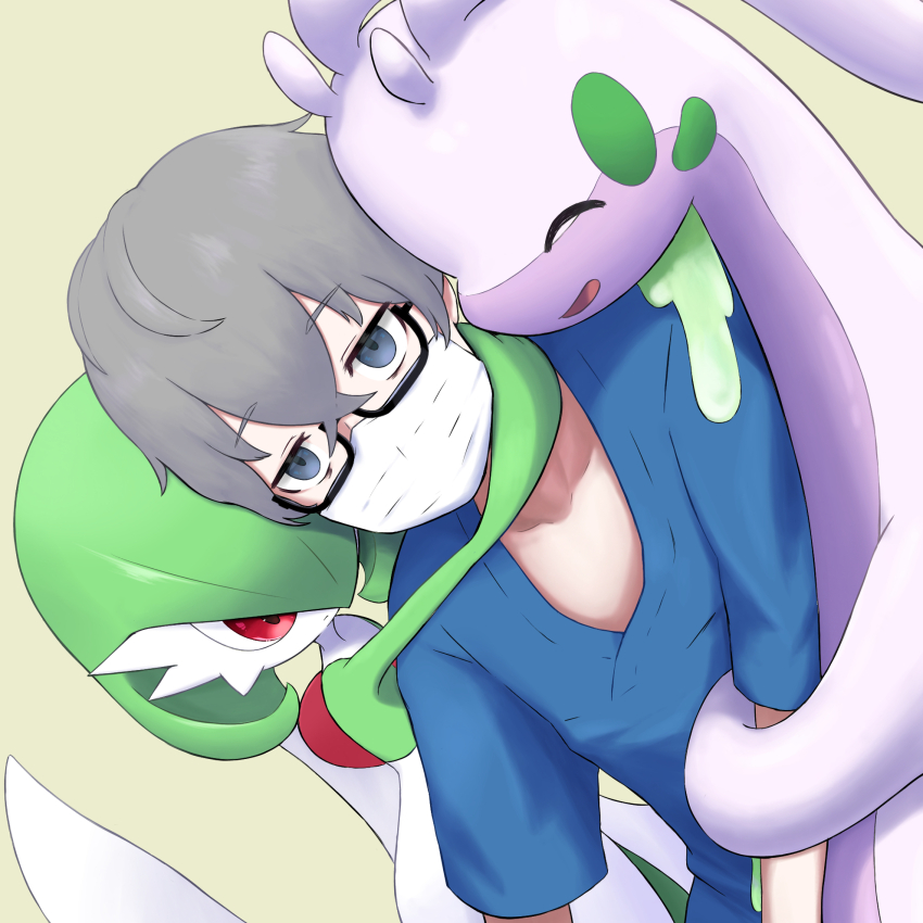 1boy, arms_around_neck, bob_cut, closed_eyes, colored_skin, doctor_(pokemon), dress, gardevoir