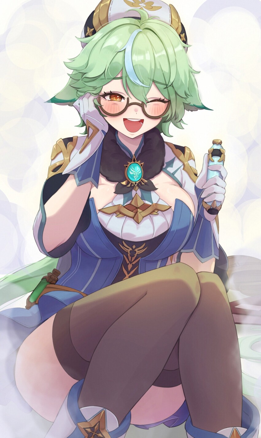 1girl, ;d, absurdres, blue_dress, blue_hair, breasts, brown-framed_eyewear, brown_eyes, brown_thighhighs, cleavage, commentary, dress, genshin_impact, glasses, gloves, green_hair, ham_(hamparty), highres, holding, holding_test_tube, large_breasts, multicolored_hair, one_eye_closed, open_mouth, sitting, smile, streaked_hair, sucrose_(genshin_impact), test_tube, thighhighs, thighs, white_gloves