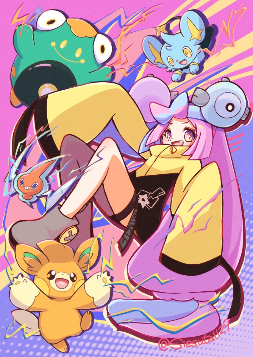 1girl, :d, bellibolt, blue_hair, bow-shaped_hair, electricity, full_body, gen_4_pokemon