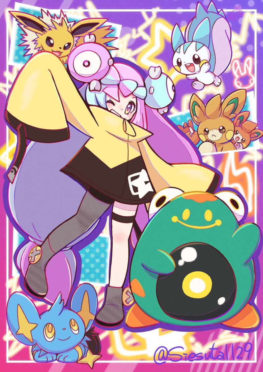 1girl, ;), bellibolt, blue_hair, bow-shaped_hair, character_hair_ornament, electricity, full_body, gen_1_pokemon, gen_4_pokemon, gokuaku_rabbit, hair_ornament, highres, iono_(pokemon), jacket, jolteon, long_hair, long_sleeves, looking_at_viewer, nintendo, one_eye_closed, pachirisu, pawmi, pawmo, pawmot, pink_eyes, pink_hair, pokemon, pokemon_(creature), pokemon_scarlet_and_violet, shinx, single_leg_pantyhose, sleeves_past_fingers, sleeves_past_wrists, smile, star_(symbol), thigh_strap, twintails, twitter_username, very_long_hair, wide_sleeves, yellow_jacket