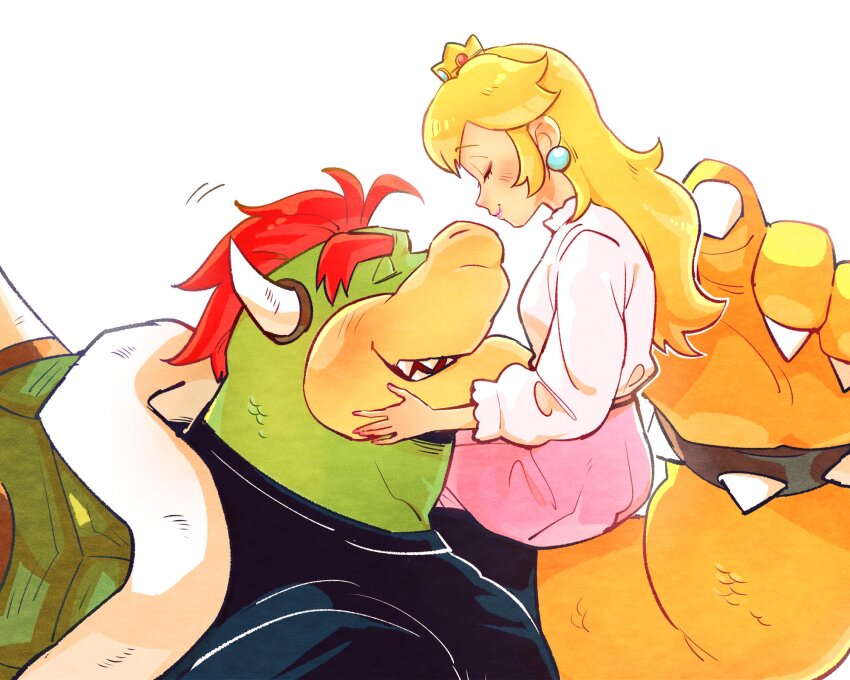 1boy, 1girl, black_shirt, blonde_hair, bowser, bracelet, carrying, carrying_person, claws, closed_eyes, crown, dress, earrings, furry, furry_male, hand_on_another's_face, highres, horns, jewelry, long_hair, long_sleeves, mario_(series), monster, monster_boy, muscular, muscular_male, nintendo, pink_skirt, princess, princess_peach, red_hair, reptile_boy, sharp_teeth, shell, shirt, sitting, sitting_on_arm, size_difference, skirt, smile, spiked_bracelet, spiked_shell, spikes, teeth, turtle, turtle_shell, white_background, white_shirt, yowasabimechaoc