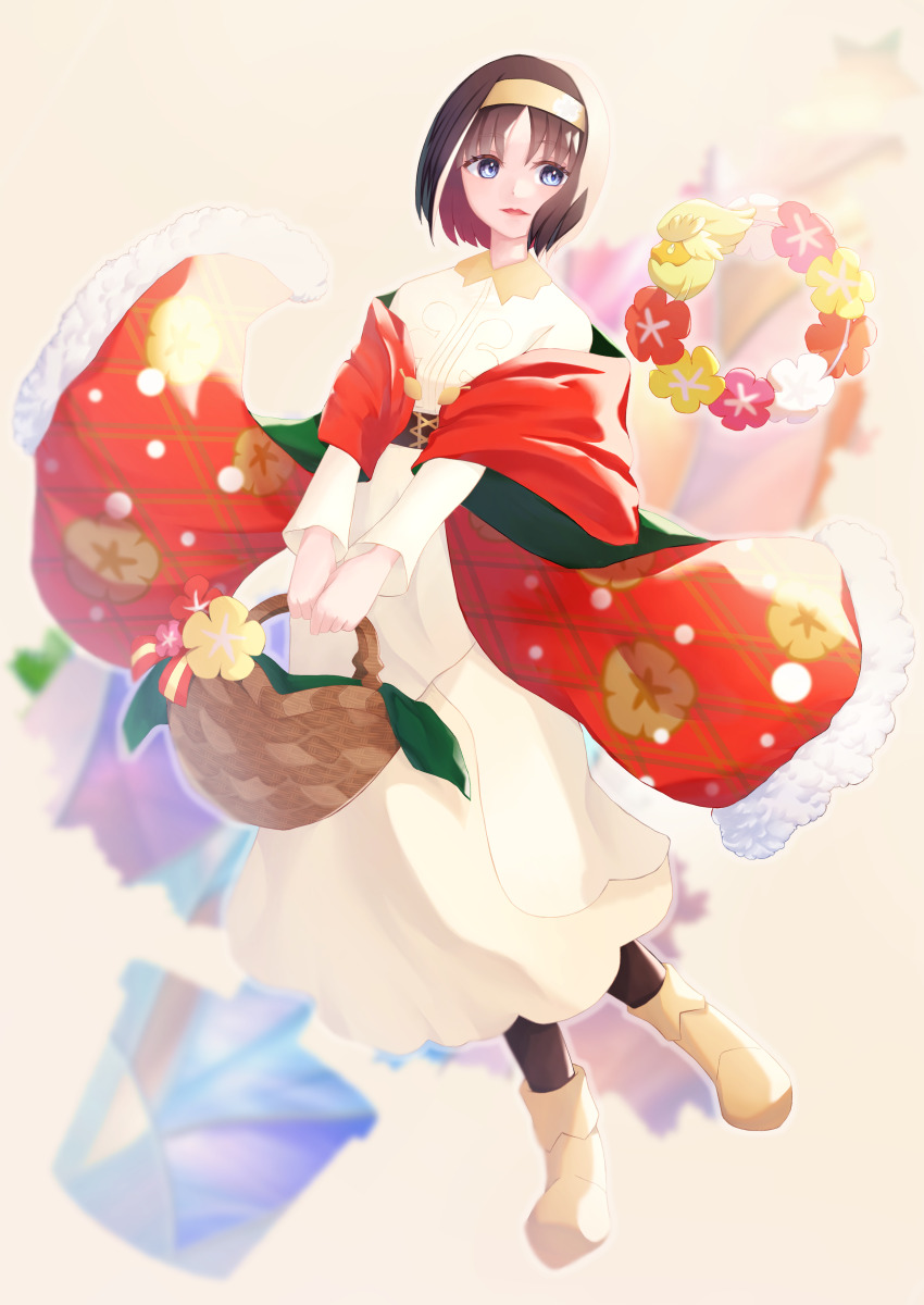 1girl, absurdres, basket, black_hair, blue_eyes, blurry, blurry_background, boots, collared_dress, comfey, commentary_request, dress, erika_(holiday_2020)_(pokemon), erika_(pokemon), flower, gen_7_pokemon, hairband, highres, holding, holding_basket, nintendo, official_alternate_costume, open_mouth, pantyhose, pokemon, pokemon_(creature), pokemon_masters_ex, short_hair, smile, solo, white_dress, yellow_boots, yellow_flower, yellow_hairband, yuha_(donkarasu03)