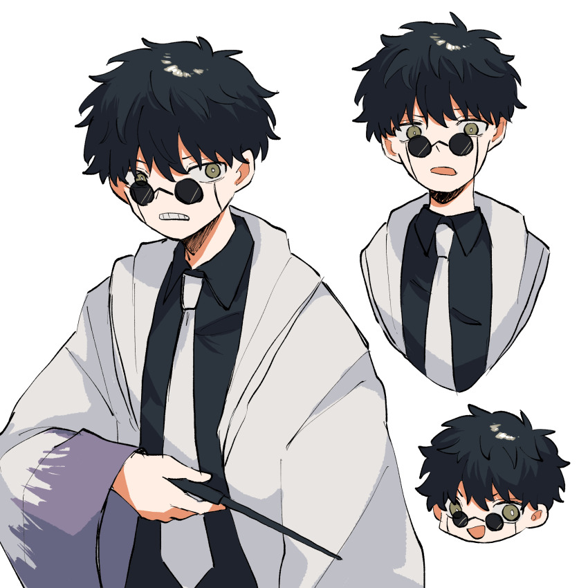 1boy, black_hair, black_shirt, collared_shirt, facial_mark, highres, kokodoko_don, long_sleeves