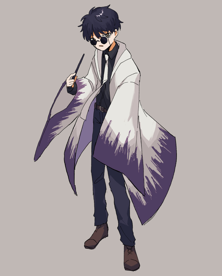 1boy, belt, black_hair, black_shirt, brown_shoes, collared_shirt, facial_mark, highres