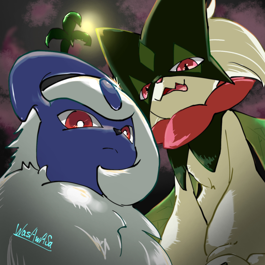 absol, bright_pupils, closed_mouth, cloud, commentary_request, gen_3_pokemon, highres, looking_down, meowscarada, moon, night, nintendo, open_mouth, outdoors, pokemon, pokemon_(creature), red_eyes, sky, split_mouth, wasawasa_(ikyu_bu), white_pupils