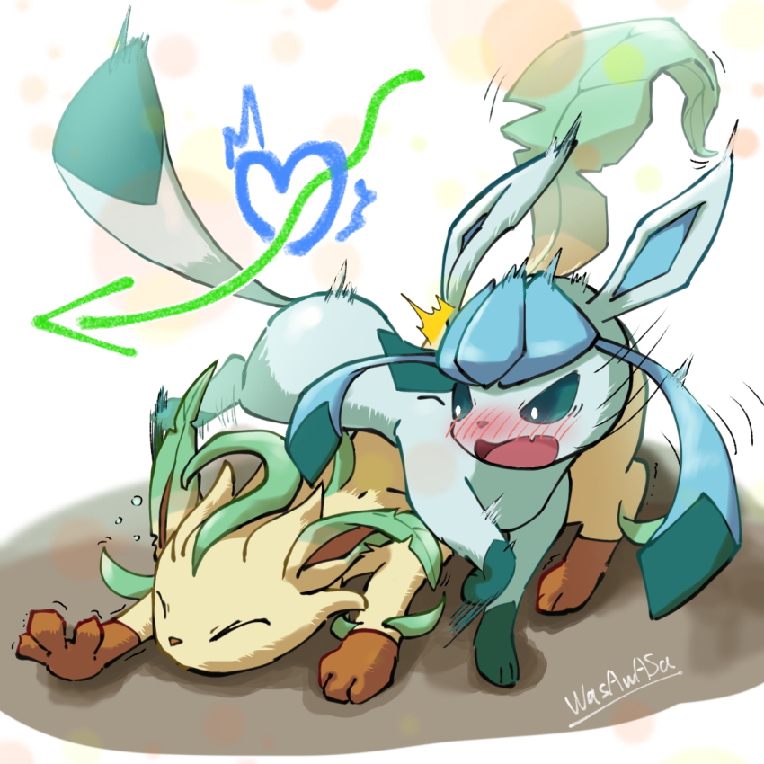 arrow_(symbol), blush, bright_pupils, closed_eyes, commentary_request, gen_4_pokemon, glaceon, green_eyes