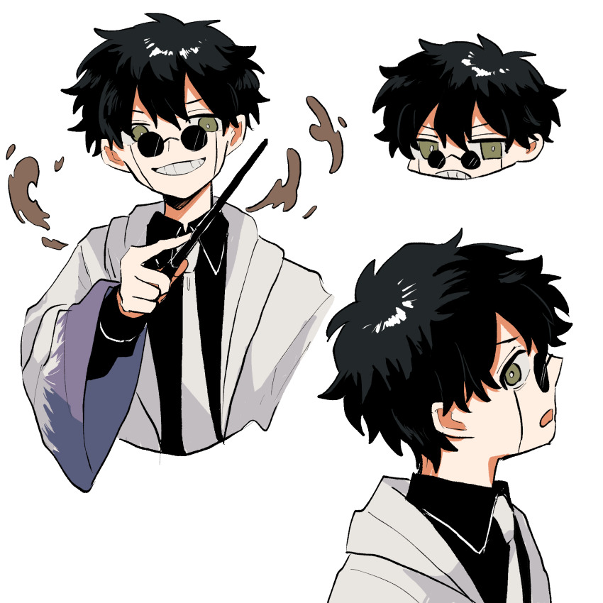 1boy, black_hair, black_shirt, collared_shirt, facial_mark, highres, kokodoko_don, long_sleeves