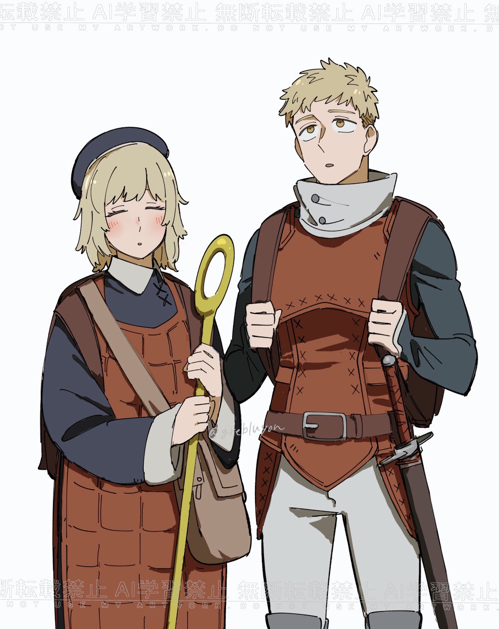 1boy, 1girl, armor, belt, blonde_hair, blue_hat, blue_robe, blush