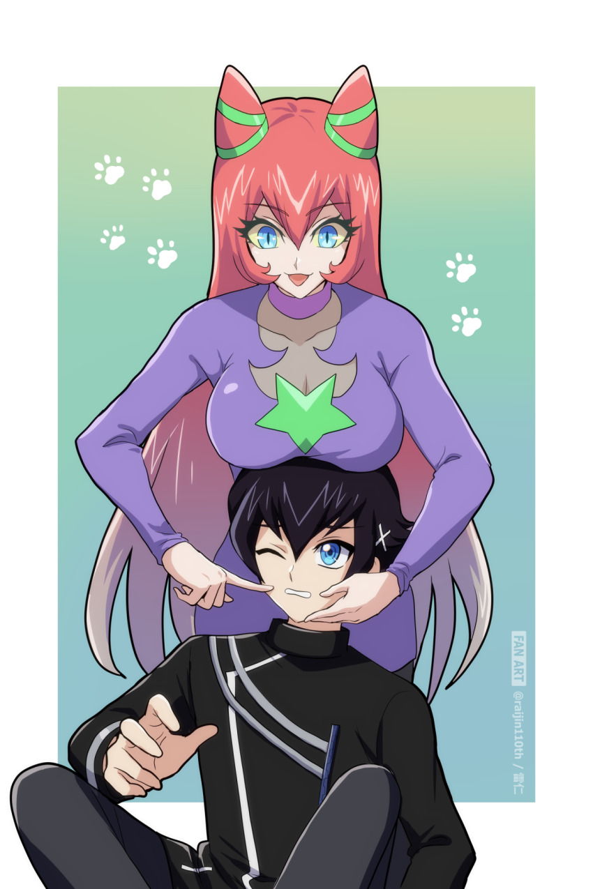 1boy, 1girl, black_shirt, blue_eyes, border, breast_rest, breasts, breasts_on_head