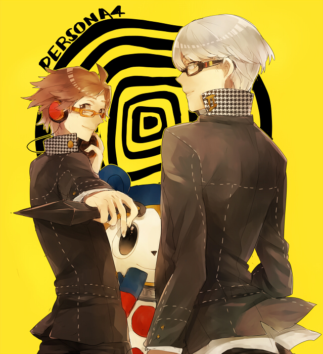 2boys, arisuda, asuda, atlus, brown_hair, glasses, grey_hair, hanamura_yousuke