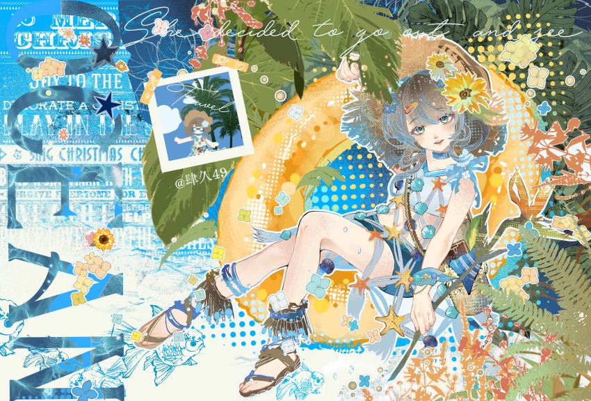 1girl, absurdres, bird_of_paradise_flower, blue_background, blue_choker, blue_eyes, blue_shorts, brown_hair