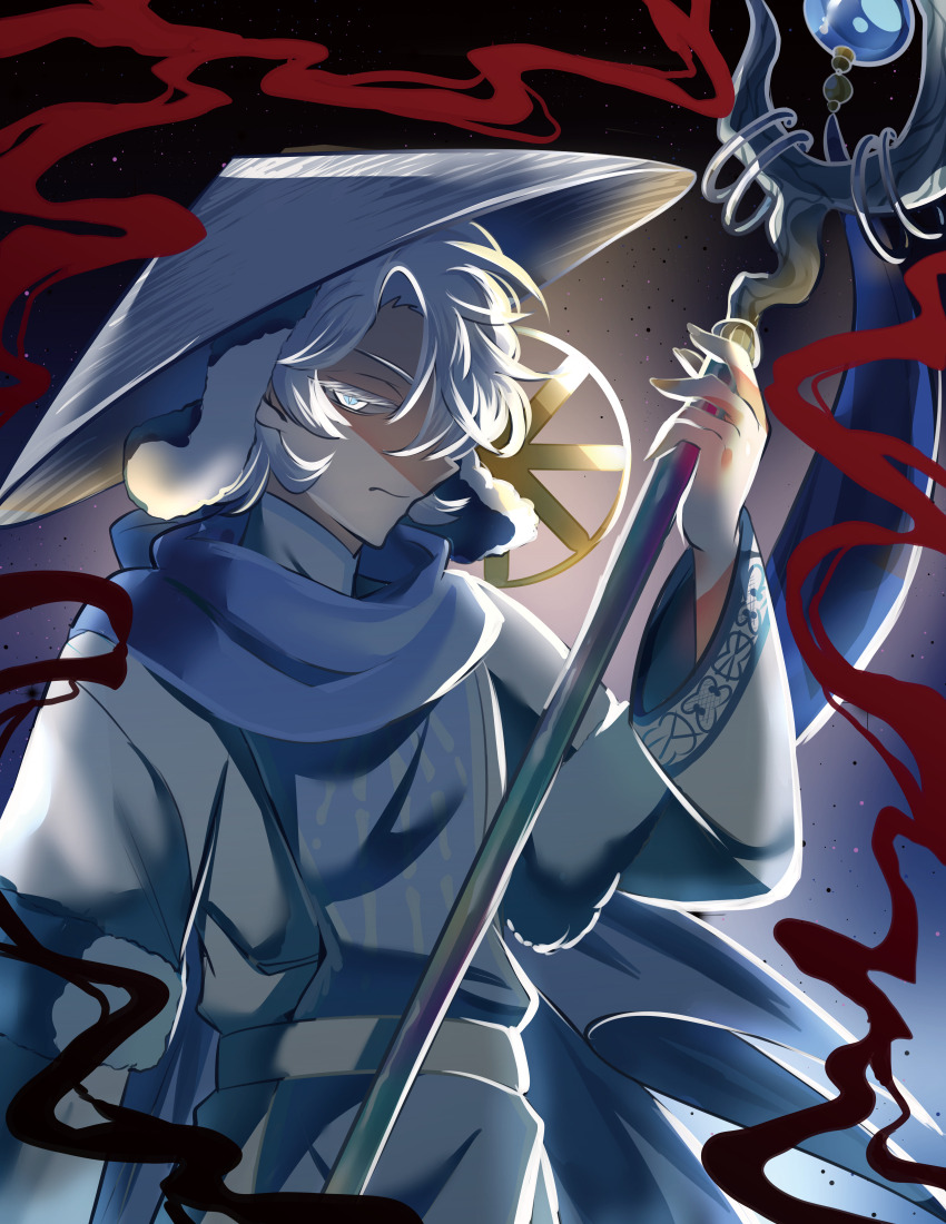 1other, absurdres, blue_eyes, hat, highres, holding, holding_staff, madan_no_ichi