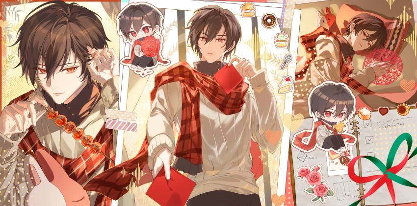 1boy, absurdres, ayn_alwyn, black_hair, black_pants, black_shirt, book, cake