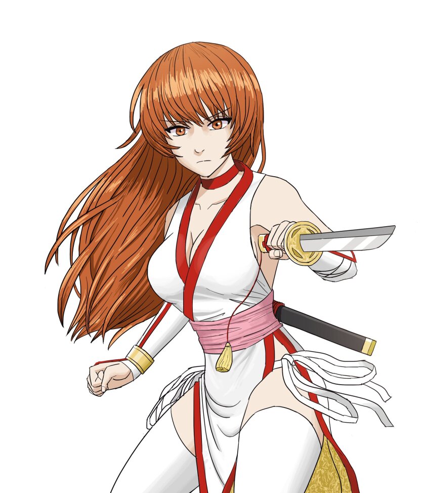 1girl, andiasrakhman, bare_shoulders, breasts, brown_eyes, brown_hair, cleavage, dead_or_alive, female_focus, highres, holding, holding_sword, holding_weapon, kasumi_(doa), large_breasts, long_hair, matching_hair/eyes, ninja, pelvic_curtain, serious, sheath, sideboob, sleeveless, solo, sword, thighhighs, weapon, white_background