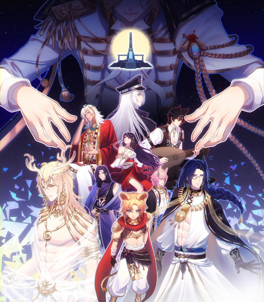 1girl, 6+boys, 713meng, abs, absurdres, aiguillette, alkaid_mcgrath, alkaid_mcgrath_(spirit_world)