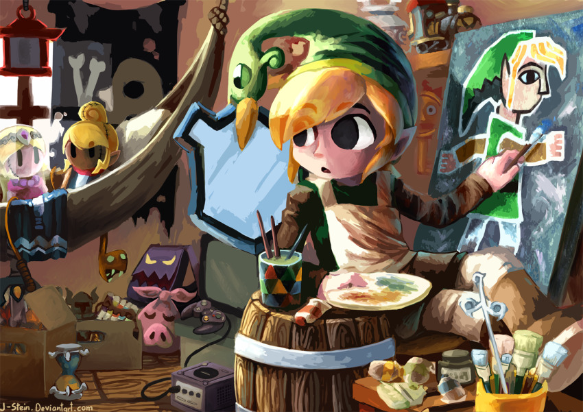 1boy, apron, black_eyes, blonde_hair, boots, brown_boots, brown_shirt, character_doll, commentary, doll, english_commentary, game_console, game_controller, gamecube, gamecube_controller, green_tunic, hammock, holding, holding_paintbrush, j-stein, link, male_focus, mirror_shield, nintendo, paint_palette, paintbrush, painting_(action), parted_lips, phantom_hourglass_(item), princess_zelda, shirt, short_hair, signature, solo, tetra, the_legend_of_zelda, the_legend_of_zelda:_a_link_between_worlds, the_legend_of_zelda:_phantom_hourglass, the_legend_of_zelda:_spirit_tracks, the_legend_of_zelda:_the_minish_cap, the_legend_of_zelda:_the_wind_waker, toon_link, tunic, white_apron, wind_waker_(object)
