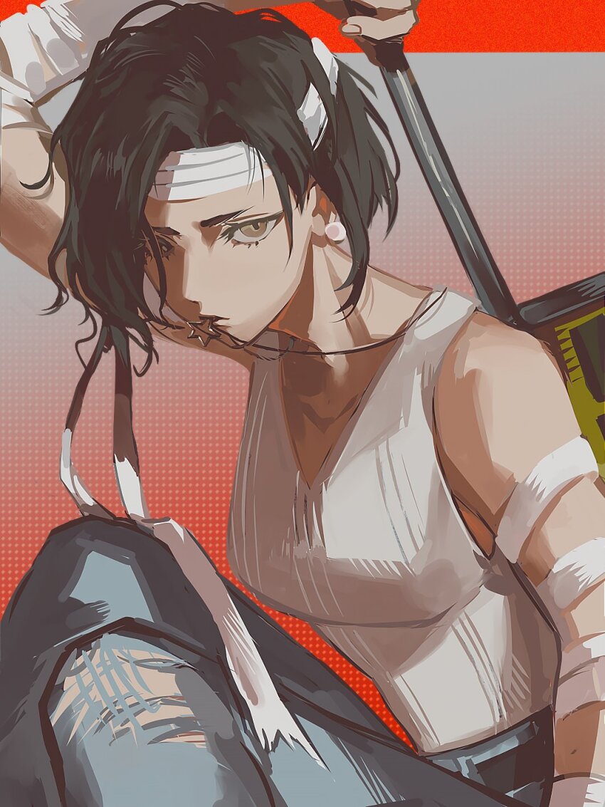 1girl, aged_down, arm_up, bandaged_arm, bandaged_hand, bandages, bare_shoulders, black_hair