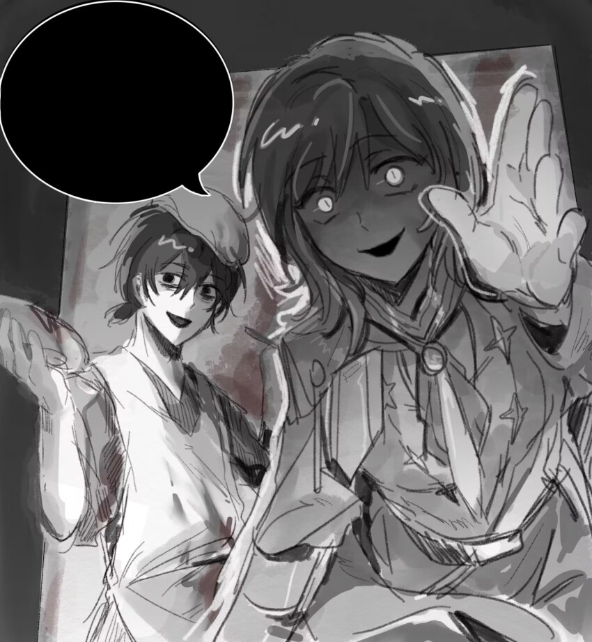 1boy, 1girl, apron, ascot, blank_speech_bubble, brooch, faust_(project_moon), glowing, glowing_eyes, greyscale, hand_up, highres, jewelry, limbus_company, looking_at_viewer, monochrome, n_corp._fanatic_(identity)_(project_moon), open_mouth, project_moon, ring_(identity)_(project_moon), rowsic, short_hair, smile, speech_bubble, yi_sang_(project_moon)