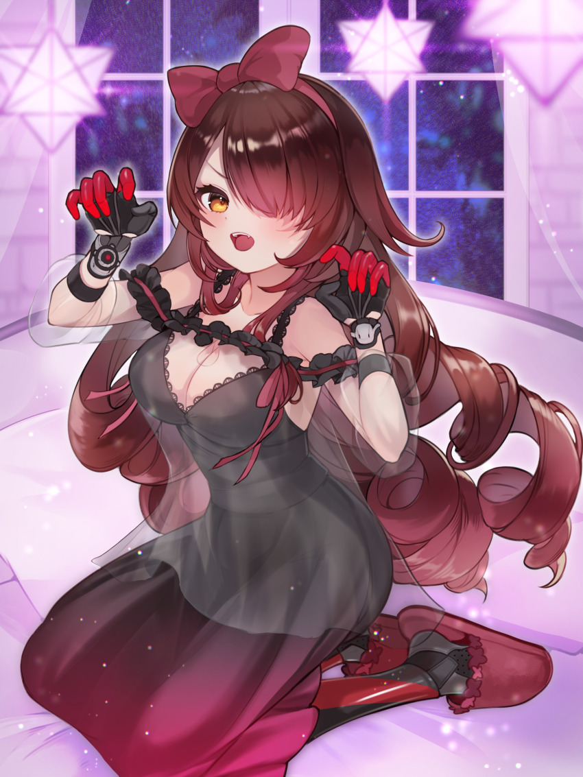 1girl, absurdres, black_dress, breasts, claw_pose, cleavage, dress, full_body