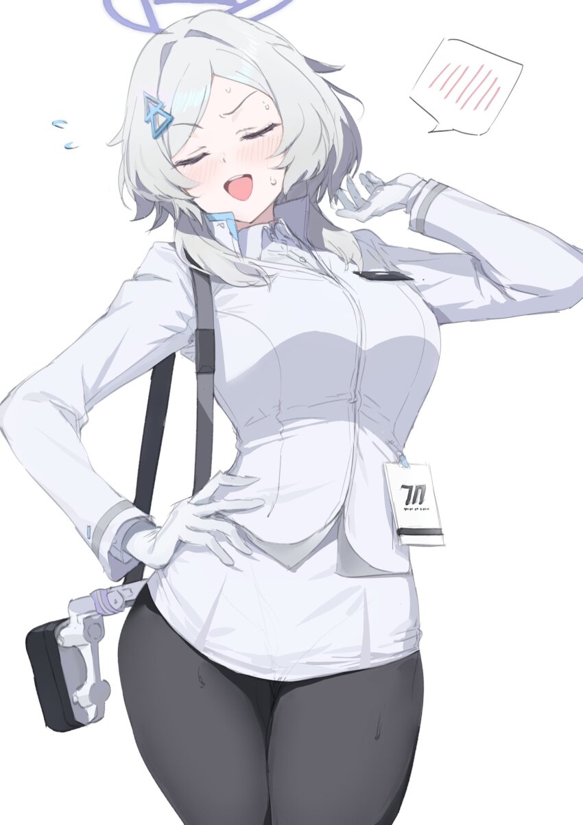 1girl, akita_hika, black_pantyhose, blue_archive, blue_halo, blush, closed_eyes, commentary_request, flying_sweatdrops, gloves, hair_ornament, halo, hand_on_own_hip, hand_up, hat, highres, mirai_(blue_archive), open_mouth, pantyhose, short_hair, short_hair_with_long_locks, simple_background, skirt, solo, sweat, teeth, triangle_hair_ornament, upper_teeth_only, white_background, white_gloves, white_hair, white_hat, white_skirt