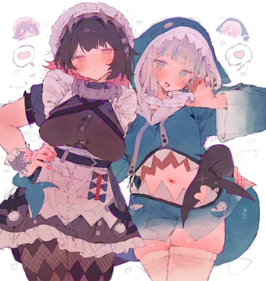 2girls, animal_costume, animal_hood, apron, argyle_clothes, argyle_pantyhose, belt, black_belt, black_bow, black_hair, black_shirt, black_skirt, black_tail, blue_eyes, blue_hair, blue_hood, blue_hoodie, blue_nails, blue_tail, blush, bow, breasts, brown_pantyhose, bunchi, buttons, chest_strap, chibi, chibi_inset, claw_pose, colored_inner_hair, commentary, cowboy_shot, criss-cross_straps, crossover, drawstring, ellen_joe, fingernails, fins, fish_tail, fishnet_pantyhose, fishnets, frilled_skirt, frilled_wristband, frills, gawr_gura, gawr_gura_(1st_costume), hand_on_another's_hip, hand_on_another's_wrist, hand_up, heart, high-waist_skirt, highres, hololive, hololive_english, hood, hood_up, hoodie, large_breasts, long_sleeves, looking_at_viewer, maid, maid_apron, maid_headdress, multicolored_hair, multiple_girls, nail_polish, navel, pantyhose, pink_eyes, pink_hair, pink_nails, puffy_short_sleeves, puffy_sleeves, shark_costume, shark_girl, shark_hood, shark_tail, sharp_teeth, shiny_skin, shirt, short_hair, short_sleeves, side-by-side, simple_background, sketch, skindentation, skirt, species_connection, spiked_headband, spoken_heart, stomach, streaked_hair, tail, tail_around_another's_waist, tail_around_waist, teeth, thick_thighs, thighhighs, thighs, virtual_youtuber, waist_apron, white_apron, white_background, white_hair, white_thighhighs, wide_sleeves, zenless_zone_zero