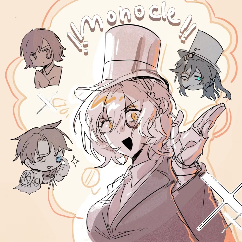 2boys, 2girls, asymmetrical_inertia_(e.g.o), don_quixote_(project_moon), e.g.o_(project_moon), gears, greyscale, hand_up