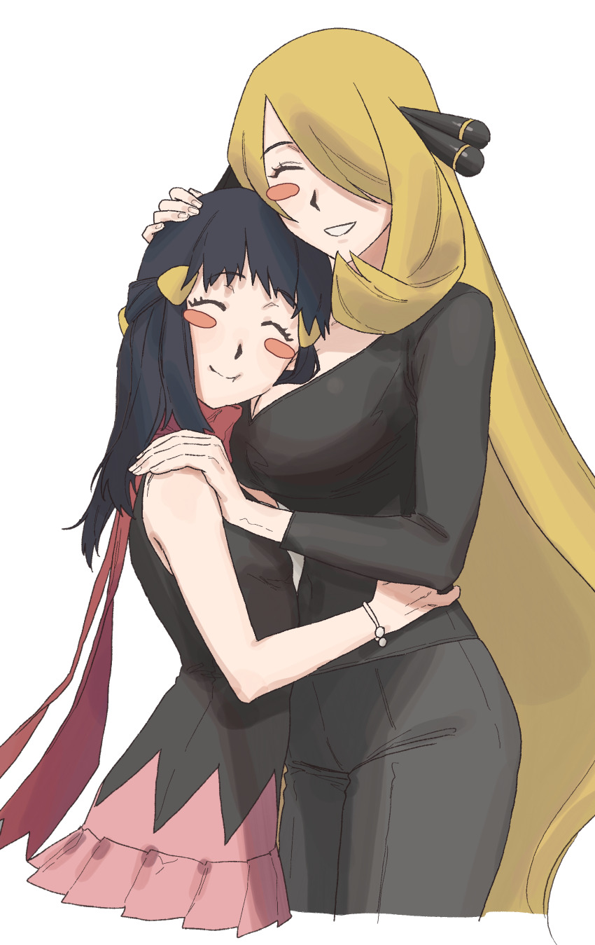 2girls, ^_^, absurdres, akushitsu_ningen, bare_shoulders, black_hair, black_pants, black_vest