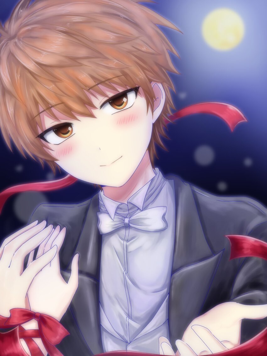 1boy, 1girl, akaixx, arm_ribbon, black_suit, blush, bow, bowtie