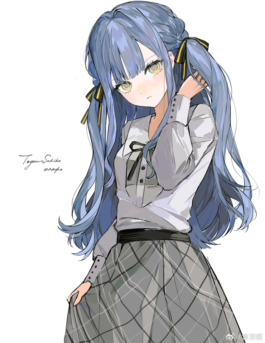 1girl, adjusting_hair, bang_dream!, bang_dream!_it's_mygo!!!!!, black_ribbon, blue_hair, character_name, chinese_commentary