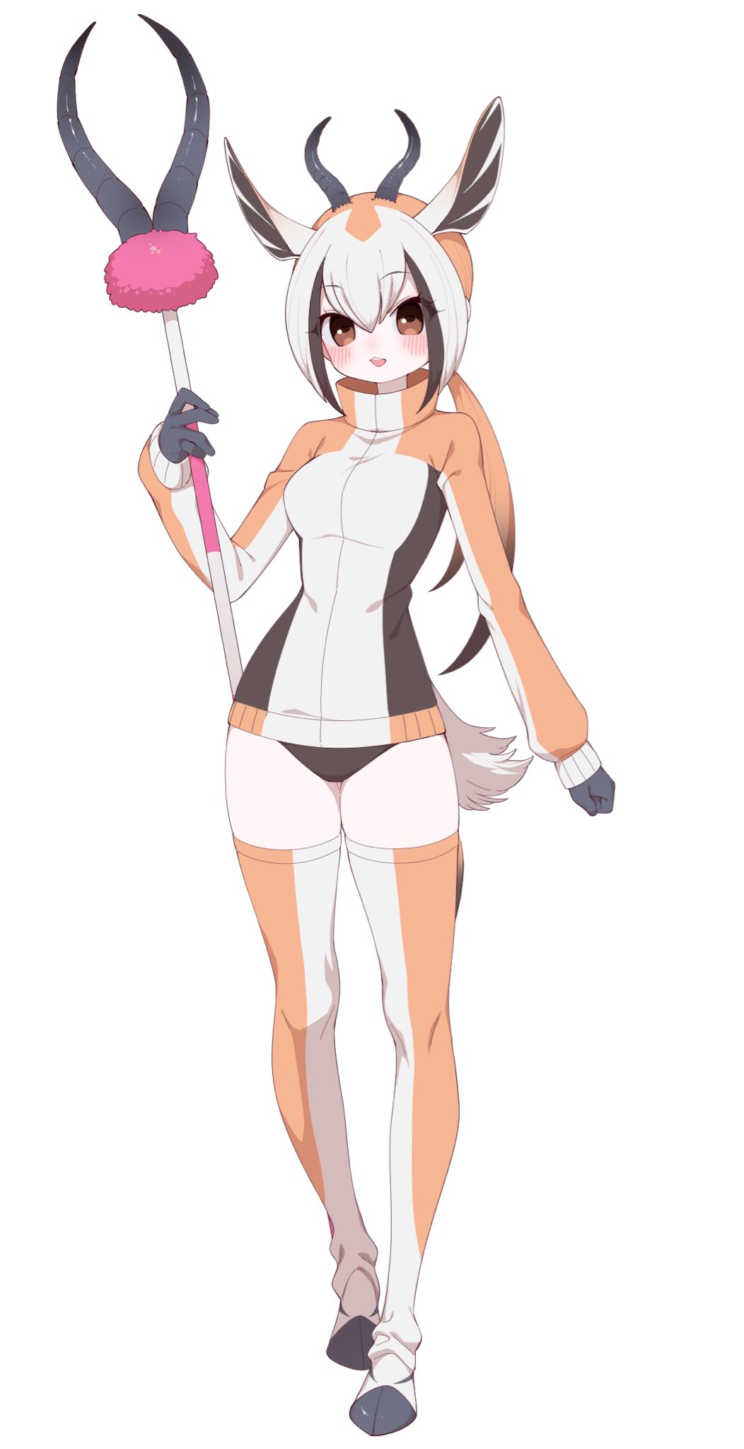 1girl, animal_ears, brown_eyes, brown_hair, cow_ears, cow_girl, cow_tail, extra_ears, full_body, gloves, highres, horns, jersey, kemono_friends, long_hair, looking_at_viewer, multicolored_hair, notora, shorts, simple_background, solo, springbok_(kemono_friends), tail, thighhighs, weapon