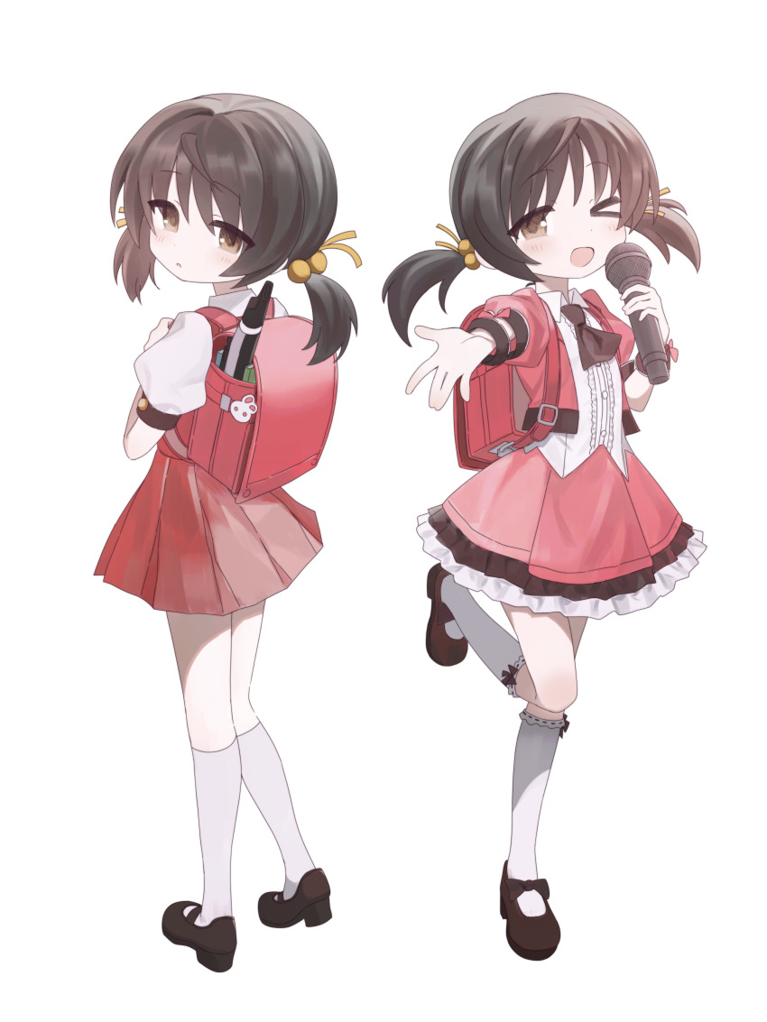 >_o, 1girl, absurdres, alternate_costume, aruruaaaa, ascot, backpack, bag