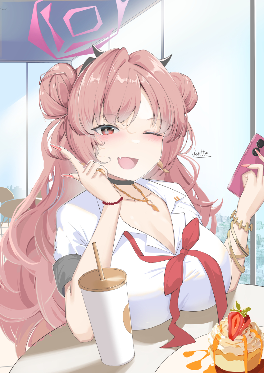 1girl, absurdres, blue_archive, blush, bow, bowtie, bracelet, breast_rest, breasts, brown_hair, cake, cellphone, cleavage, cup, double_bun, dress_shirt, elbow_rest, fang, food, hair_bun, hair_intakes, halo, highres, holding, holding_phone, huge_breasts, indoors, jewelry, karottekaori, kirara_(blue_archive), large_breasts, long_hair, looking_at_viewer, loose_bowtie, nail_polish, necklace, one_eye_closed, phone, pink_nails, red_bow, red_bowtie, shirt, short_sleeves, sitting, smartphone, solo, very_long_hair, white_shirt, window