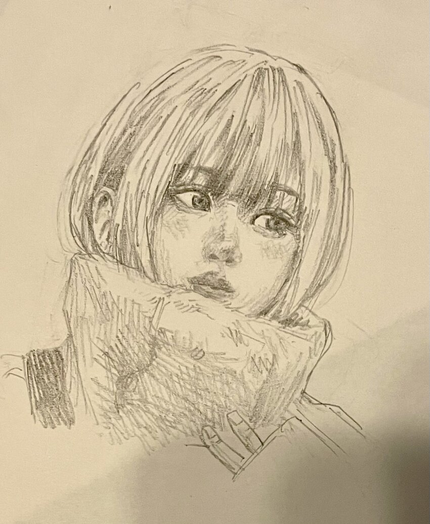 1girl, commentary, cropped_torso, graphite_(medium), highres, kyoutu, monochrome, real_life