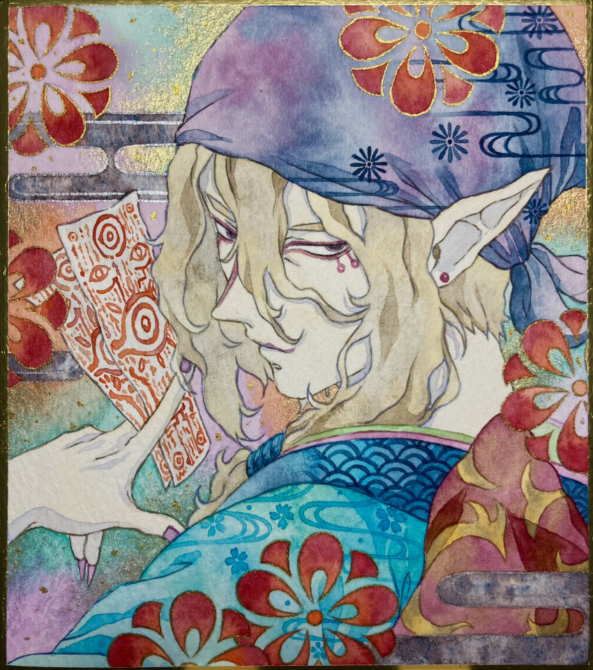 1boy, aqua_kimono, bandana, blonde_hair, commentary_request, earrings, egasumi, facepaint