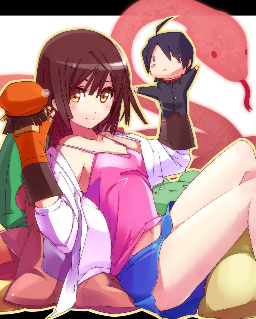 1girl, araragi_koyomi, bad_id, bad_pixiv_id, bakemonogatari, brown_eyes, brown_hair, camisole