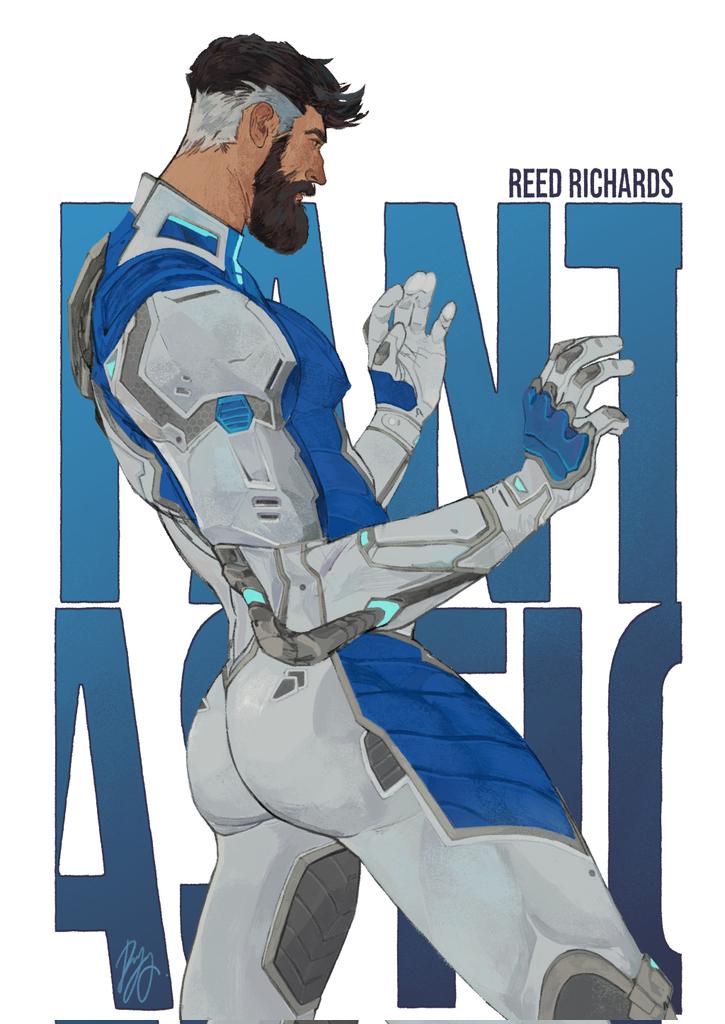1boy, ass, beard, blue_bodysuit, bodysuit, brown_hair, facial_hair, fantastic_four, male_focus, marvel, marvel_rivals, multicolored_bodysuit, muscular, reed_richards, short_hair, superhero_costume, two-tone_bodysuit, white_bodysuit, zestiestbob