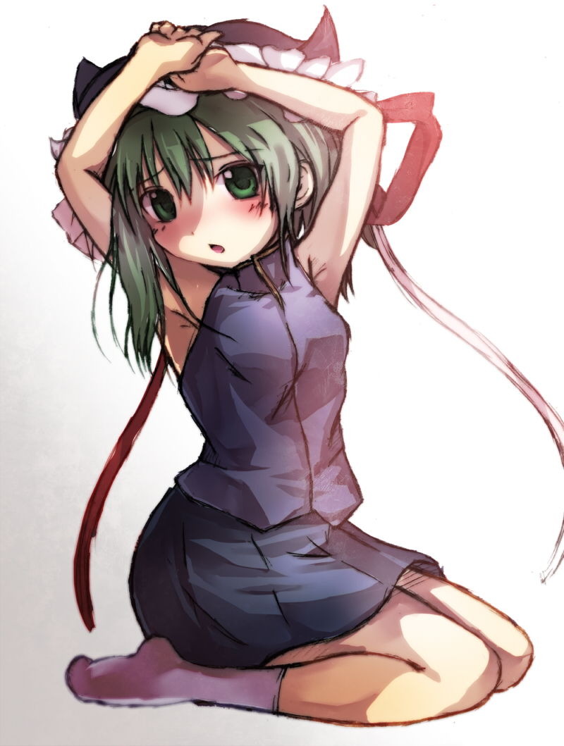 1girl, armpits, arms_up, blush, chikuwa_coffee_(milk_soda), colorized, female_focus, green_eyes