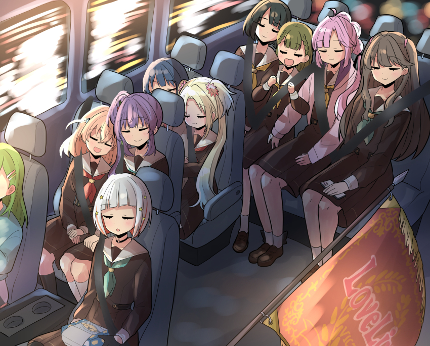 6+girls, :d, ahoge, ankle_socks, anyoji_hime, aqua_neckerchief, black_choker, black_gloves