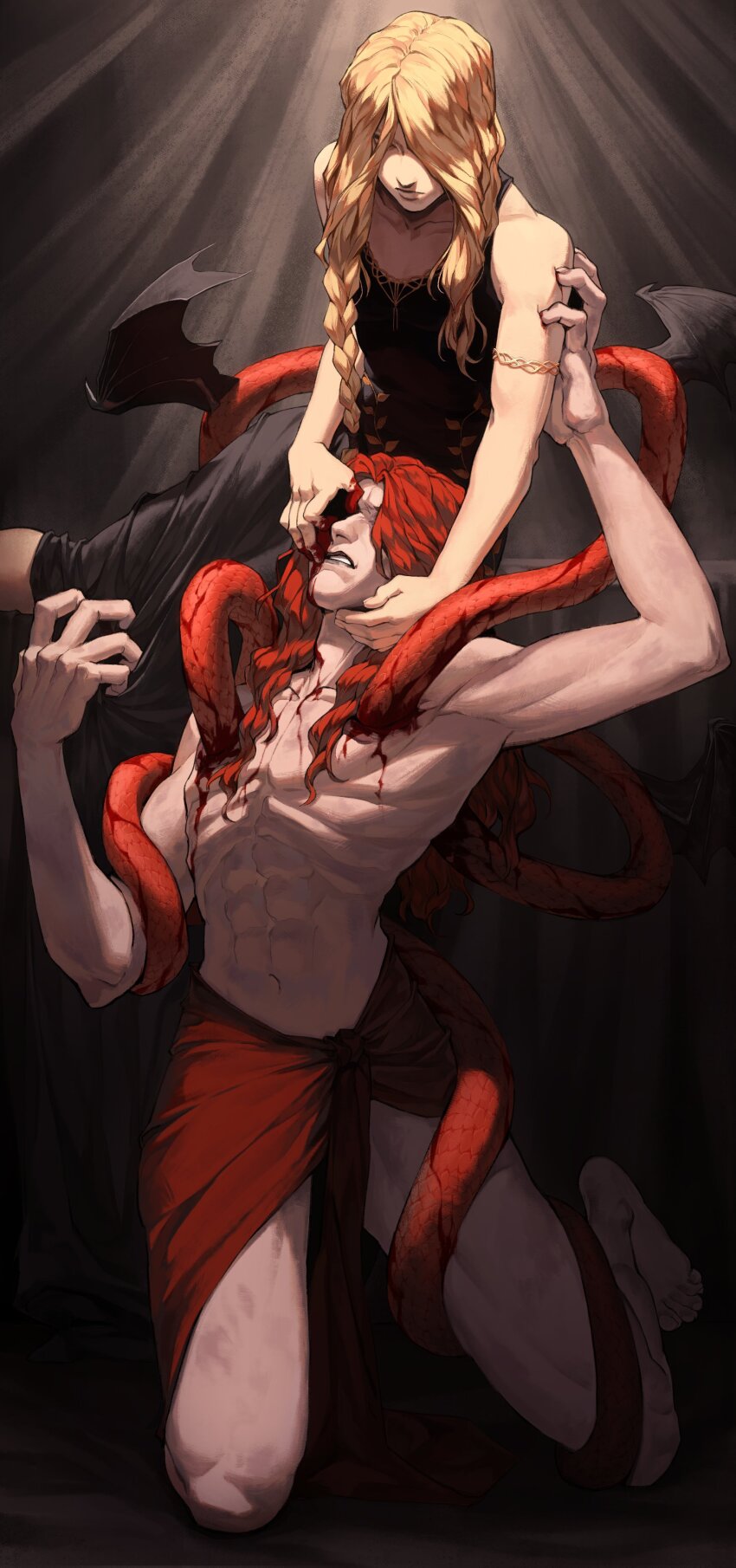 1boy, 1girl, absurdres, armlet, bare_shoulders, black_dress, blonde_hair, blood