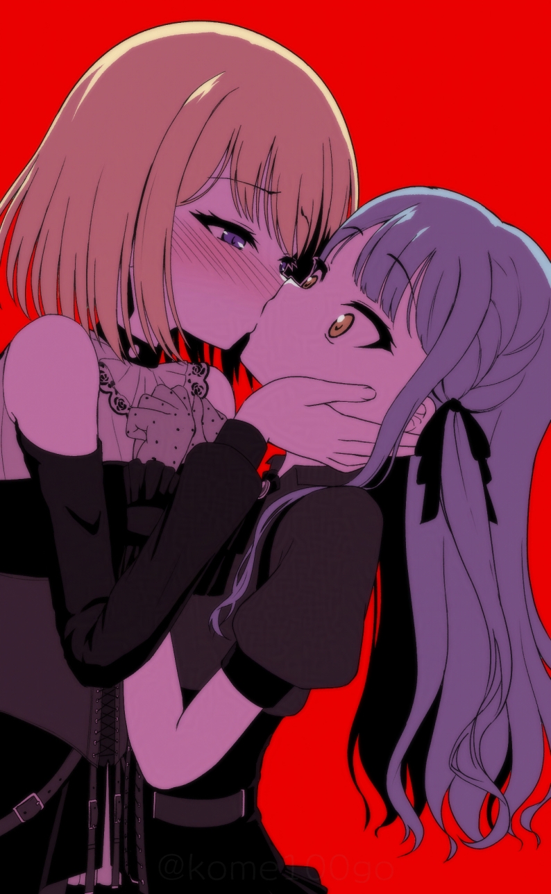 2girls, bang_dream!, bang_dream!_it's_mygo!!!!!, blonde_hair, blue_hair, clothing_cutout, commentary_request, corset