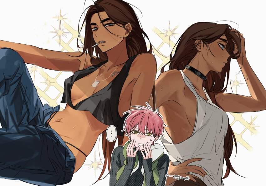 ..., 2girls, alien_stage, bare_shoulders, black_choker, black_shirt, black_tank_top, blue_pants, breasts, brown_hair, choker, cigarette, crop_top, dark-skinned_female, dark_skin, green_vest, grey_eyes, grey_tank_top, hand_on_own_head, hand_on_own_hip, highres, hyuna_(alien_stage), jewelry, knee_up, long_hair, midriff, mizi_(alien_stage), mouth_hold, multiple_girls, navel, necklace, official_alternate_costume, open_fly, pants, panty_straps, pink_hair, shirt, short_hair, sideboob, signature, sitting, sparkle, sparkling_aura, spoken_ellipsis, sweat, tank_top, u_qrou, very_short_hair, vest, yellow_eyes