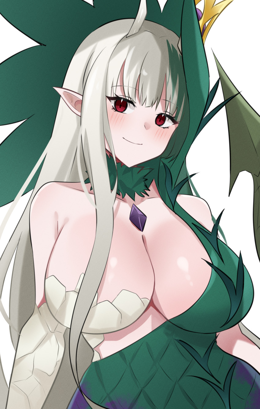 1girl, absurdres, biscione_(fate), biscione_(third_ascension)_(fate), breasts, chest_jewel, cleavage, dragon_horns, fate/grand_order, fate_(series), green_hair, highres, horns, large_breasts, long_hair, multicolored_hair, pointy_ears, red_eyes, smile, torasanth, two-tone_hair, white_hair