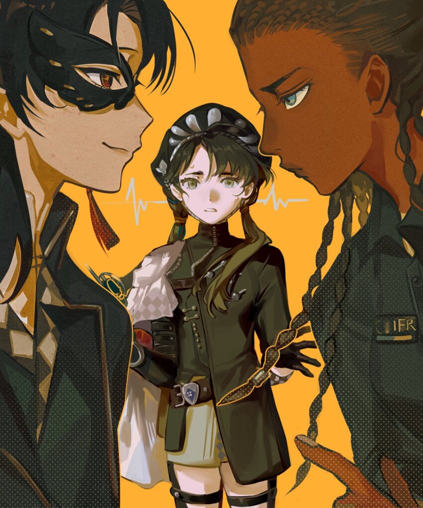 3girls, beret, black_coat, black_dress, black_gloves, black_hair, black_hat, black_ibis_(reverse:1999), black_mask, blue_eyes, boots, braid, brown_eyes, cape, chinstrap, closed_mouth, coat, confrontation, cornrows, cowboy_shot, dark-skinned_female, dark_skin, dress, eye_contact, eye_mask, face-to-face, faceoff, gloves, half_mask, hand_up, hat, highres, index_finger_raised, komeokun, liang_yue_(reverse:1999), lightning_glare, looking_at_another, looking_at_viewer, low_twin_braids, mask, multiple_girls, parted_lips, poitier_(reverse:1999), police, police_uniform, policewoman, profile, reverse:1999, rivalry, short_dress, side_cape, smile, teacher_and_student, thigh_boots, twin_braids, upper_body, very_dark_skin, white_cape, yellow_background, yellow_eyes