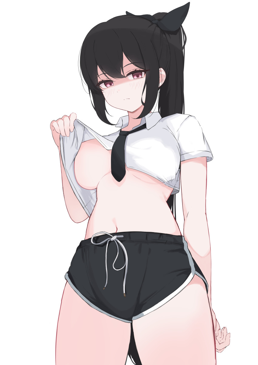 1girl, absurdres, artist_request, black_hair, black_shorts, breasts, closed_mouth, clothes_lift, collared_shirt, commentary_request, commission, cowboy_shot, crop_top, crop_top_overhang, dolphin_shorts, drawstring, frown, hair_ribbon, highres, illien_(illien), korean_commentary, large_breasts, lifting_own_clothes, long_hair, looking_at_viewer, midriff, navel, necktie, no_bra, original, ponytail, red_eyes, ribbon, second-party_source, shaded_face, shirt, shirt_lift, short_shorts, short_sleeves, shorts, sidelocks, simple_background, solo, standing, stomach, thighs, underboob, very_long_hair, white_background, white_shirt