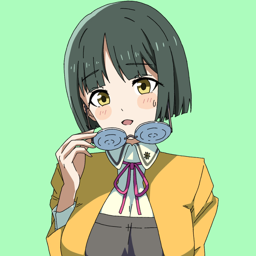 1girl, :o, blunt_bangs, blunt_ends, blush, bob_cut, brown_dress, coke-bottle_glasses, collared_shirt, commentary_request, dress, glasses, green_background, green_hair, hand_up, head_tilt, highres, holding, holding_removed_eyewear, jacket, kamix2_odai, long_sleeves, looking_at_viewer, love_live!, love_live!_school_idol_festival, pink_ribbon, ribbon, round_eyewear, school_uniform, shirt, shitara_fumi, short_hair, simple_background, small_sweatdrop, solo, touou_academy_school_uniform, unworn_eyewear, upper_body, white_shirt, yellow_eyes, yellow_jacket