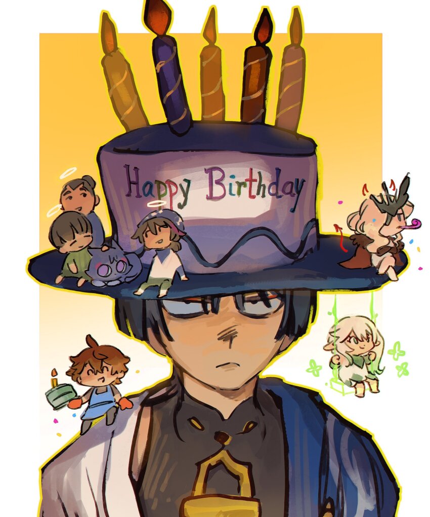 2girls, 4boys, 6_9, ahoge, alternate_headwear, animalization, apron, arm_at_side