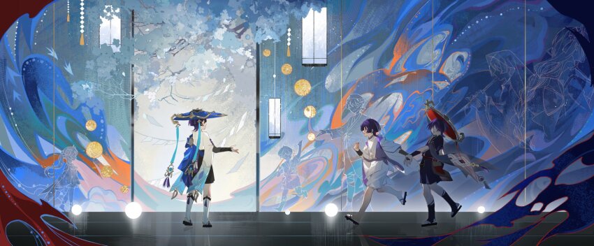 3boys, apparition, armor, black_bridal_gauntlets, black_footwear, black_kimono, black_leggings, black_shorts